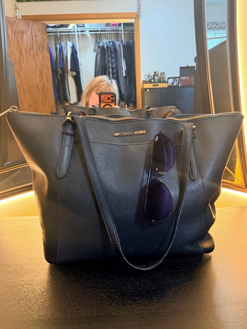 Michael Kors Black Leather Saffiano Tote with Gold Logo